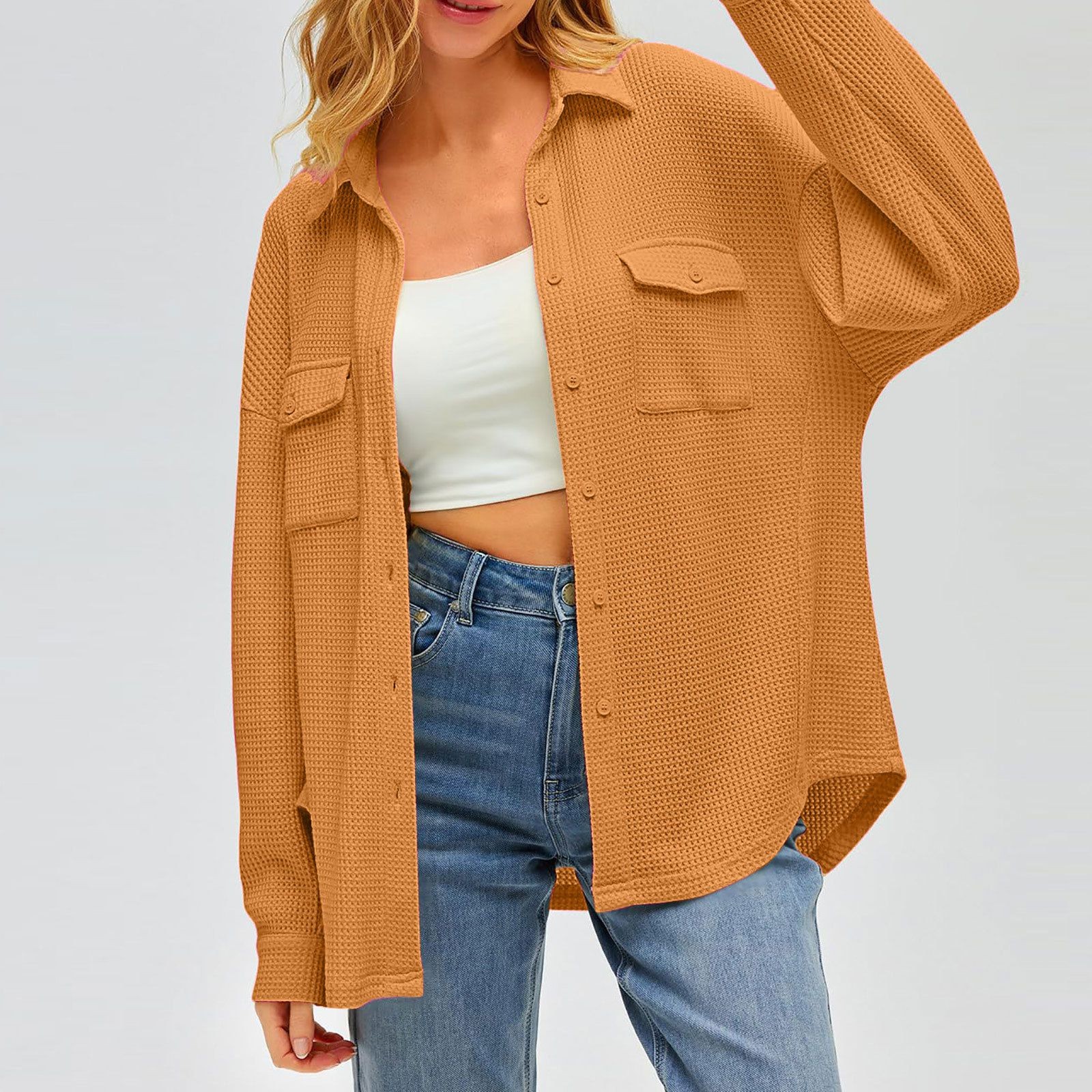 thumbnail image 4 of Camisa con bolsillos de color liso para mujer: top de punto holgado de manga larga, poliéster, versátil para primavera/otoño, tallas US 4-12, EU 34-42, 4 of 7